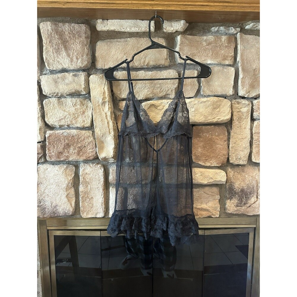 2003 Victoria's Secret Black Lace Open Front Slip Dress Y2K VTG Babydoll S Mesh